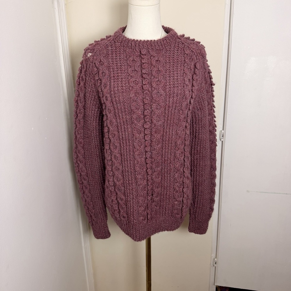 VTG Galway Heather Purple Cable Knit 100% Irish Wool Sweater